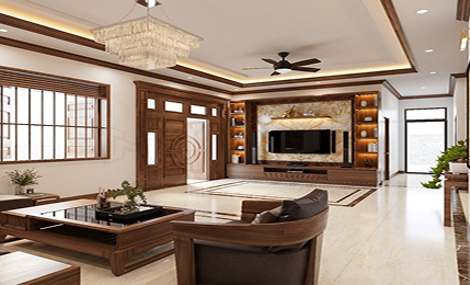 Modern living room with wooden panelling and recessed lighting