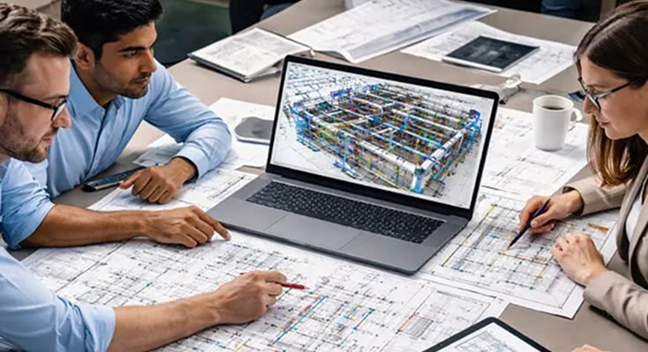 Architecture team collaborating over blueprints and a laptop showing 3D building plans