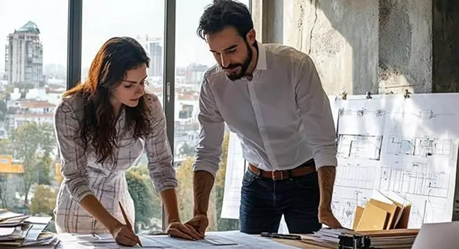 Two architects reviewing construction blueprints together at a project site