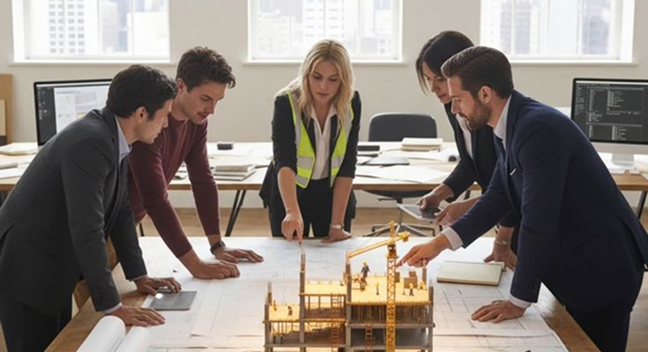 Architecture studio team huddled around a building scale model on a large work table