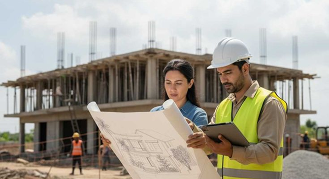 Site engineers in high-visibility vests reviewing construction drawings at an active building site