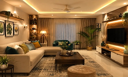 Elegant living room with sage green sofas and warm ambient lighting