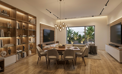 Luxury dining room interior with warm lighting and modern shelving